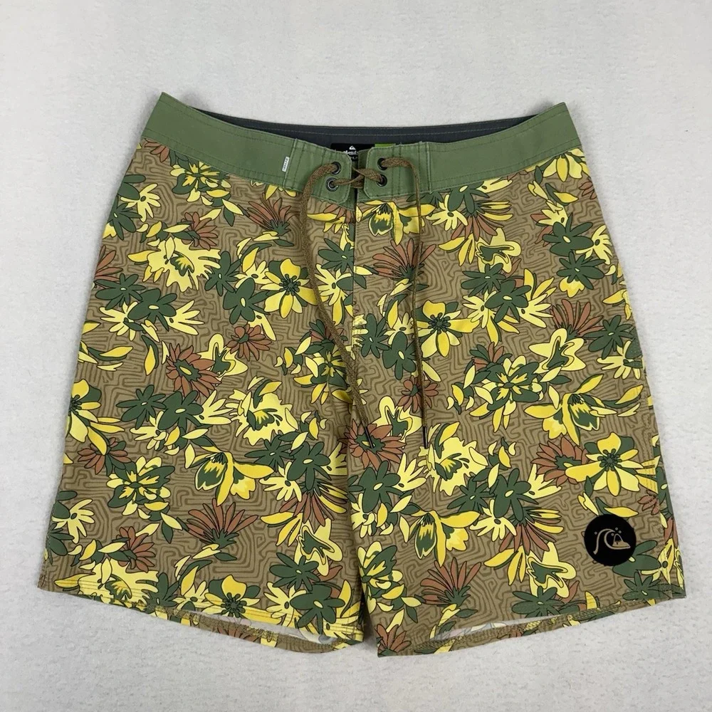 Quiksilver Highline Mens 30‎ Boardshorts Green Yellow Floral Performance Swim